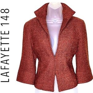 Lafayette 148 Metallic Sparkle Wool Tweed Cropped Blazer Suit 4 Red Orange